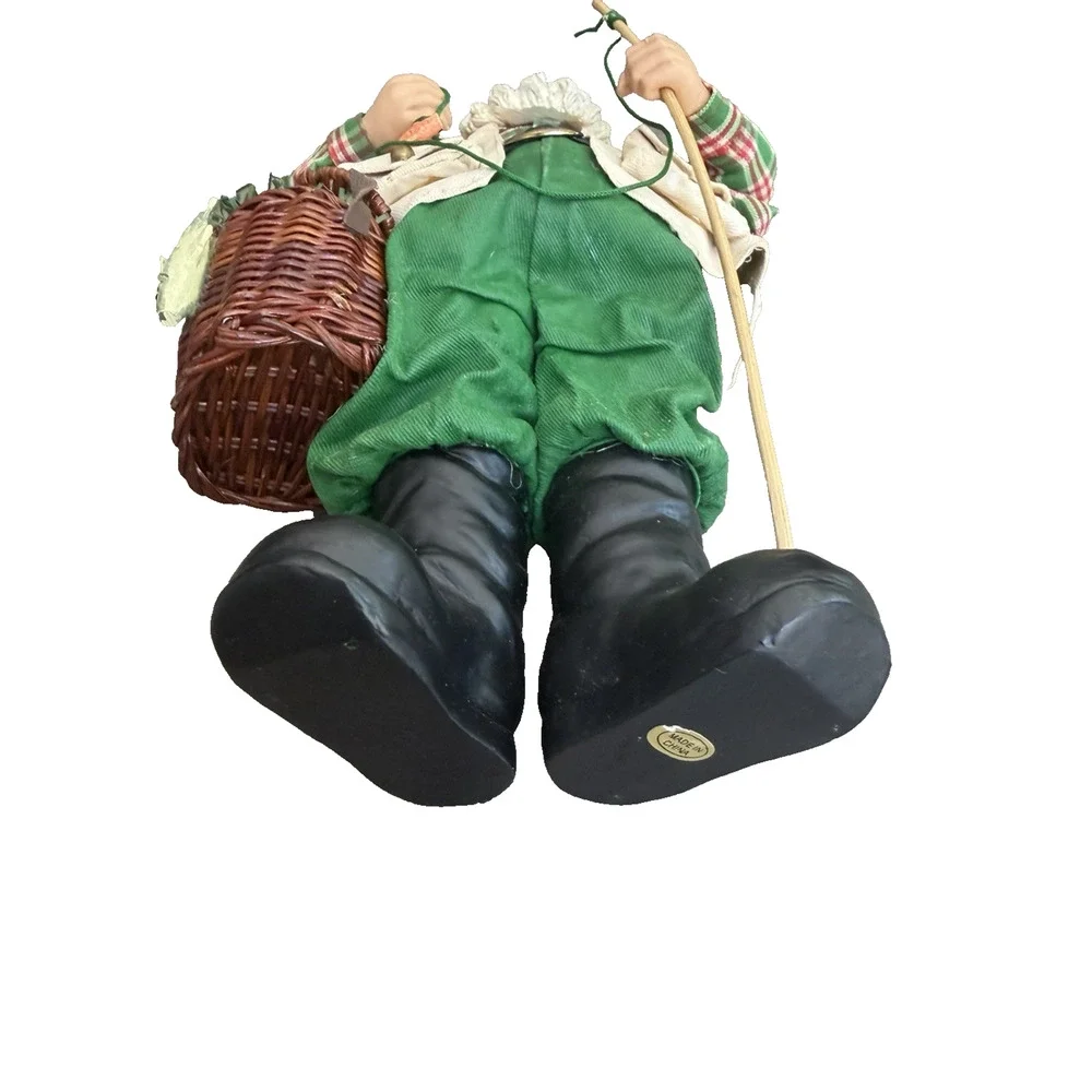 Vintage Fishing Christmas Santa Claus with Fishing Pole Figurine Fabric Mache